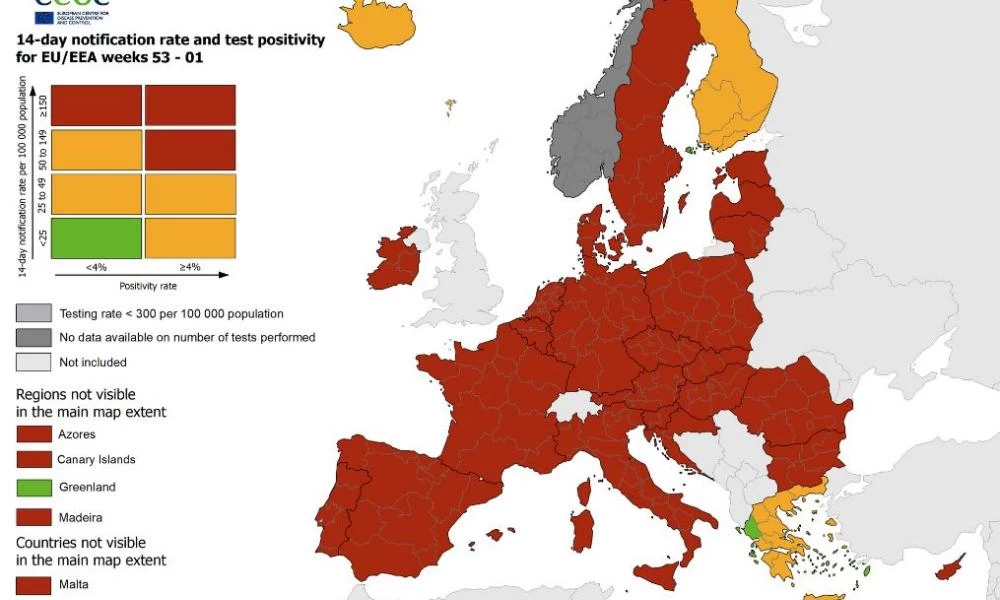 Χάρτης ECDC για τον κορονοϊό στην Ευρώπη: Ούτε μία κόκκινη περιοχή στην Ελλάδα